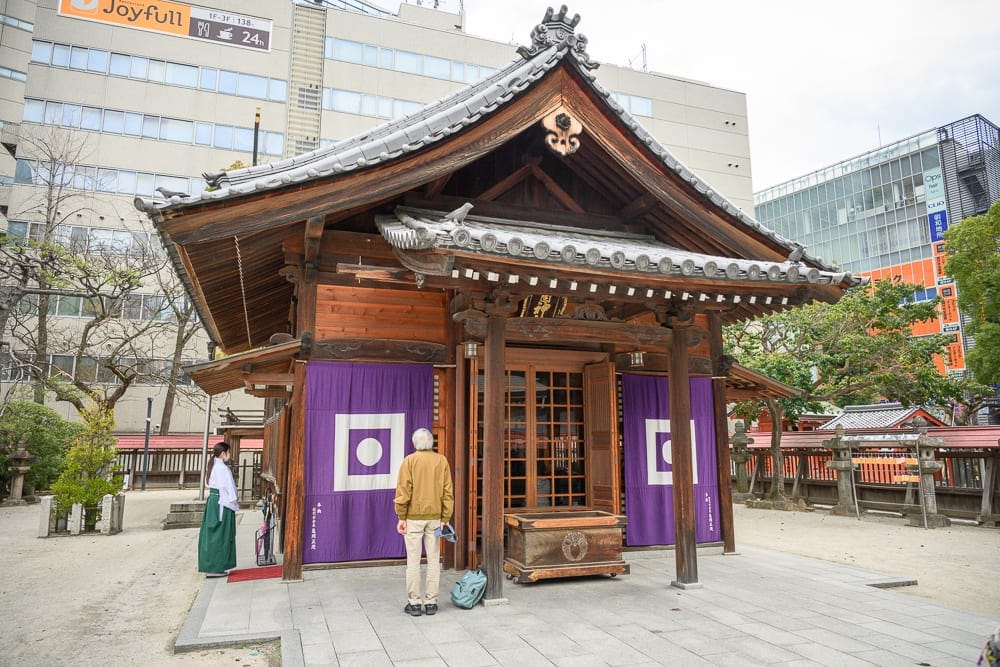 日本福岡-警固神社｜寺廟、木建築、屋頂、紫色布簾、白圓形圖案、男女、現代建築、樹木、街道。