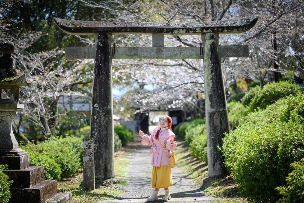 日本佐賀-小城公園櫻花｜石門，石燈籠，石階，道路，綠植，樹，花，女孩，黃色裙子，粉紅色外套，白色靴子，黃色包。
