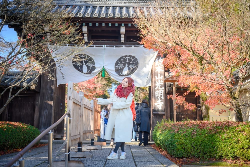 日本京都光明寺｜寺廟，入口，拱門，白色橫幅，樹，秋葉，圍欄，石板路，長椅，欄桿，人物，雕像。