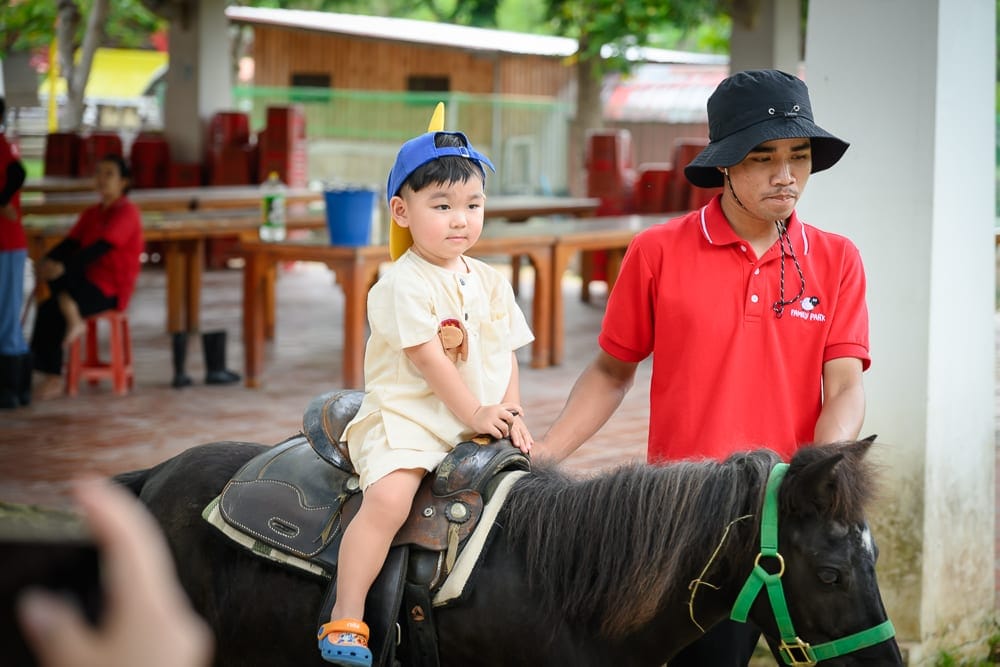 泰國芭達雅綿羊農場｜小男孩、馬、成人男子，室內。男孩穿黃色短袖衫，戴藍色安全帽，坐在馬背上；男子穿紅色短袖衫，戴黑色帽子