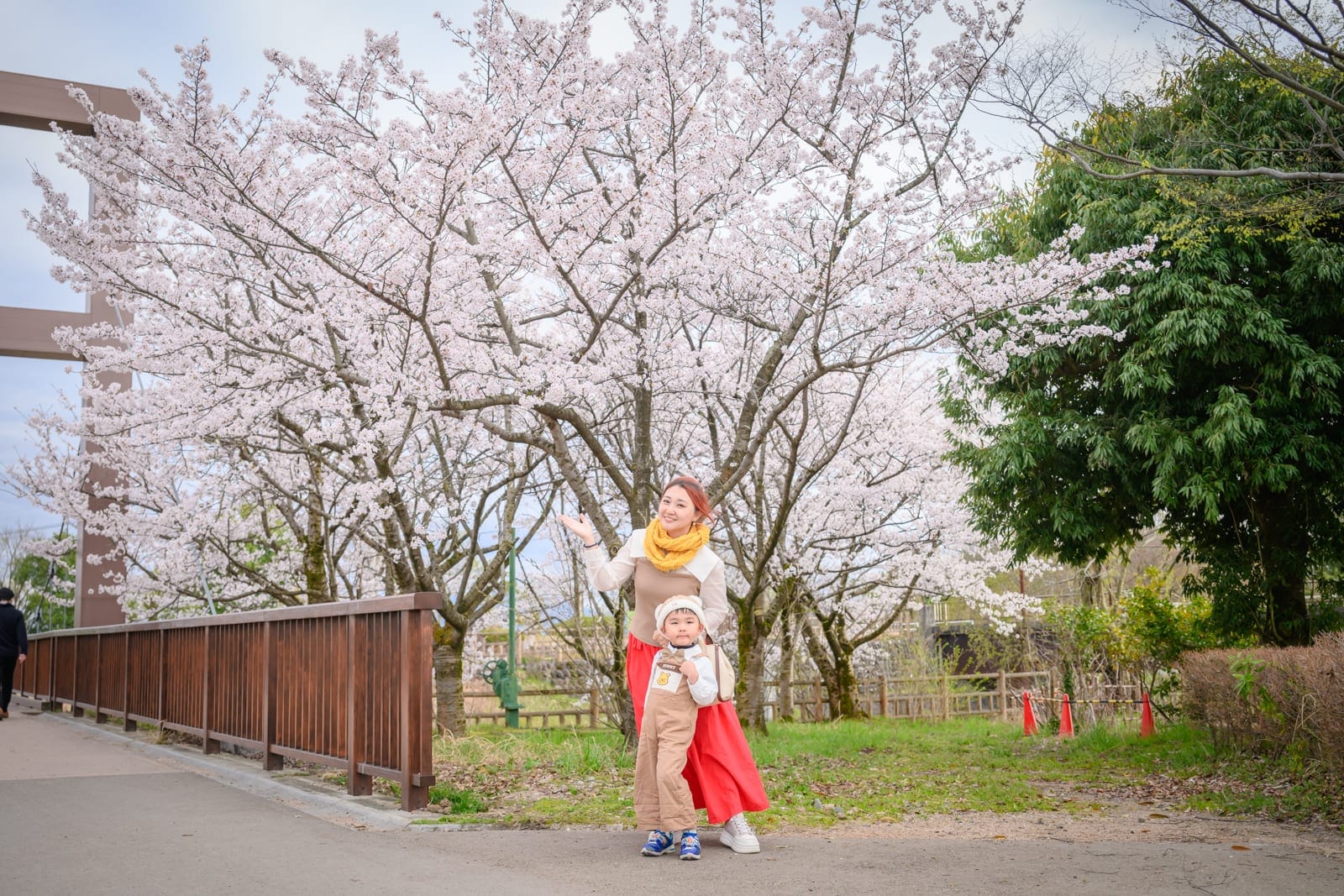 日本富山-高岡童話之森公園完整攻略|哆啦A夢雕塑與親子設施玩法解析 10 日本富山-高岡童話之森公園|櫻花樹、女子、孩童、木橋、戶外、春季,粉白花朵盛開,女子與孩童站在樹下合影,呈現溫馨明亮的春日賞櫻氛