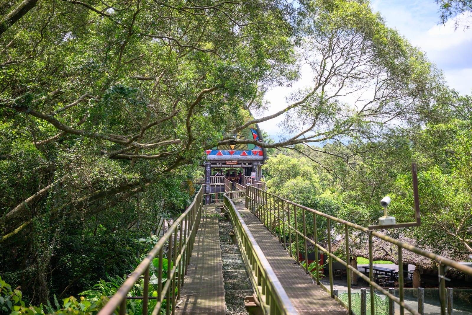 新竹六福村主題遊樂園完整攻略|野生動物園區與必玩設施玩法解析 10 新竹六福村|木橋、欄杆、樹林、建築物、樓梯、天空、雲。
