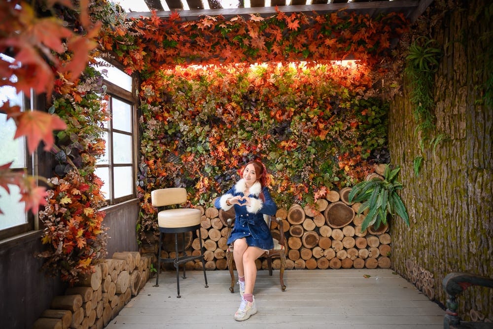 苗栗格林奇幻森林 Green Fantasy Forest 完整指南|童話建築與玻璃屋園區玩法解析 6 苗栗格林奇幻森林|室內,木地板,牆壁,綠植,秋葉,木柴堆,椅子,紅髮女孩,藍色短裙,白色毛領。