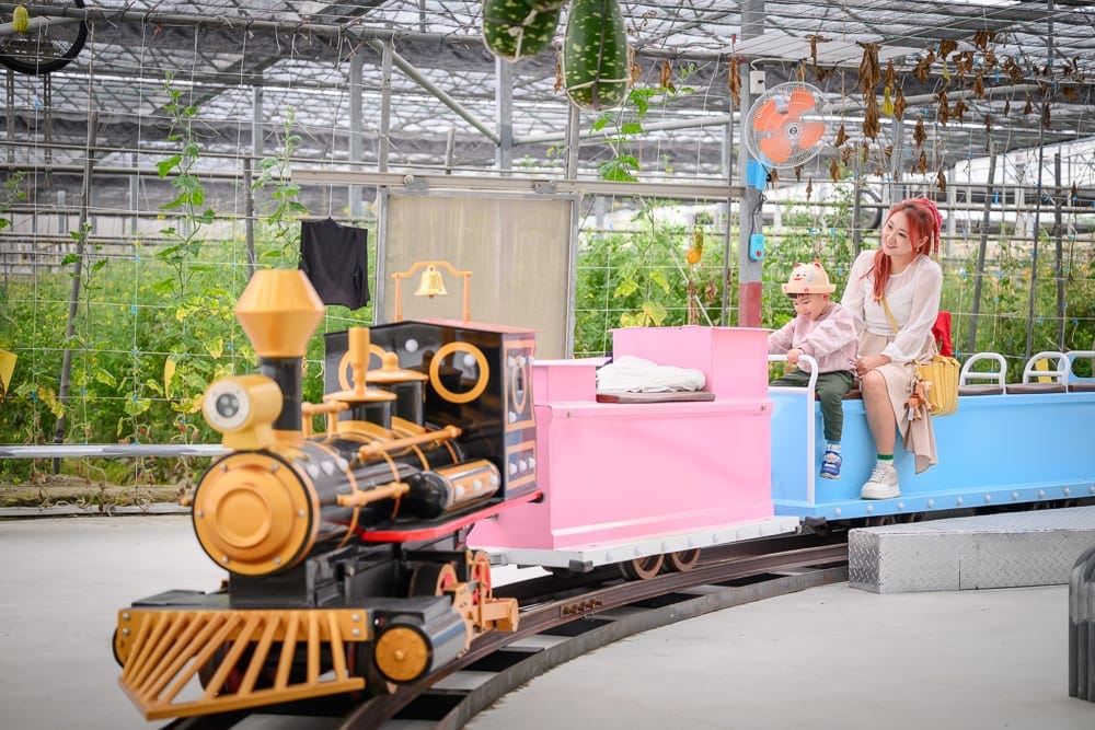 雲林綠金番茄南瓜農場｜溫室，遊園小火車，鐵軌，盆栽，植物，女性，小孩，金屬棚架。黑金相間的火車頭牽引粉藍車廂，大人與孩童坐