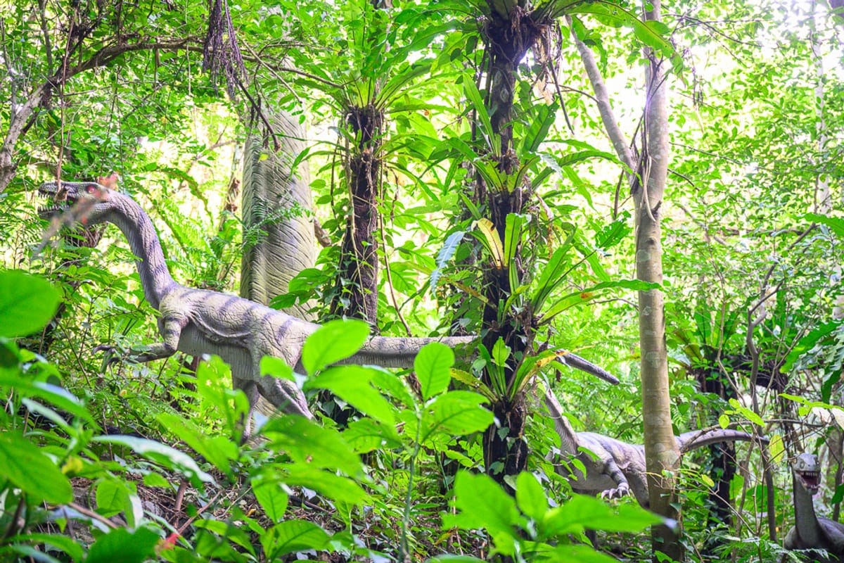 沖繩東濱恐龍公園完整攻略|親子免費景點玩法解析 1 日本沖繩恐龍公園|恐龍模型,樹木,蕨類,茂密樹林,藤蔓,綠葉。
