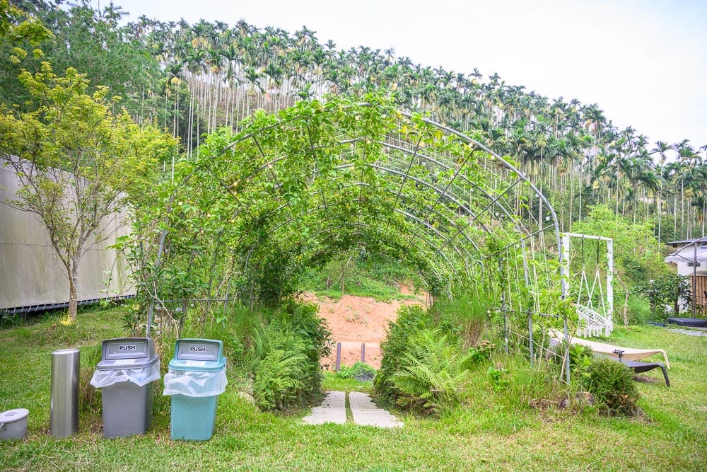 南投葉子祕境 森林豪華露營完整指南|帳篷住宿、螢火蟲步道與寵物友善體驗 8 南投葉子秘境|草地、綠色藤蔓架、垃圾桶、樹林、山坡。金屬拱形架爬滿綠色藤蔓,形成一條綠色隧道。前方草地上並排擺放灰