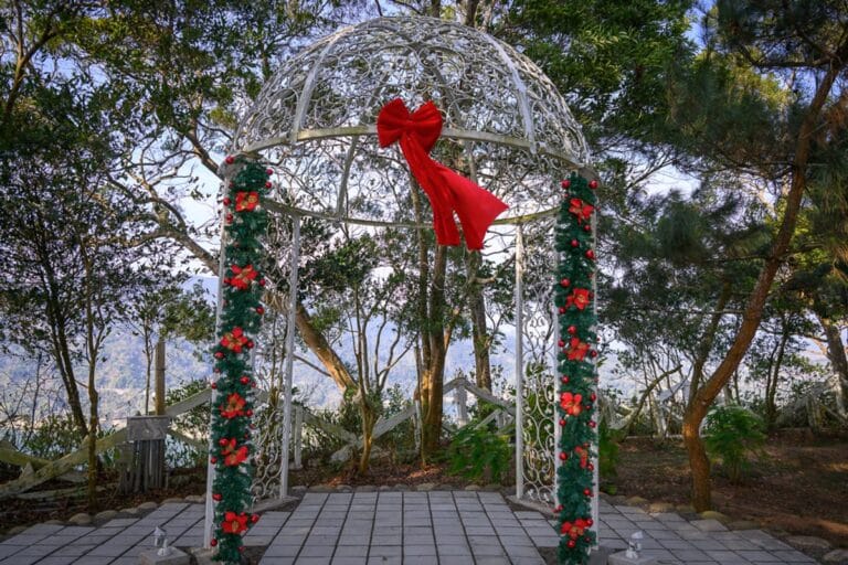 苗栗小巷迷宮草莓園完整攻略|親子採果體驗與農場玩法解析 21 苗栗小巷迷宮草莓園|白色圓頂涼亭,森林,紅絲帶,耶誕花圈,石磚地板,綠樹,戶外
