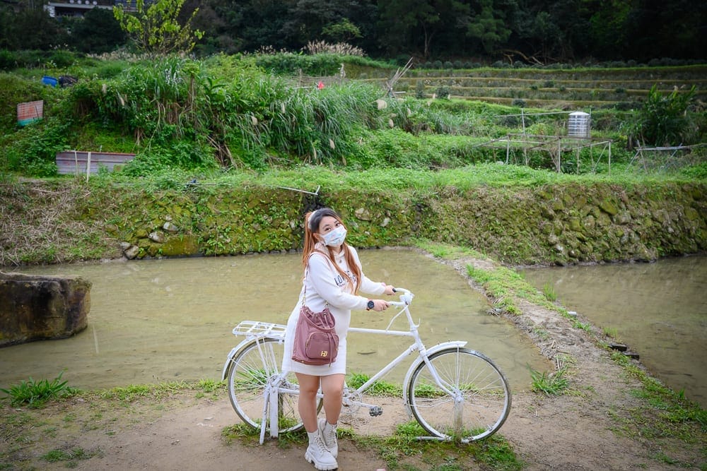 台北樟湖步道魯冰花｜女性、白色腳踏車、水田、梯田、山坡，女子戴著口罩站在水田邊扶著白色腳踏車，背景為階梯狀綠色梯田與雜草