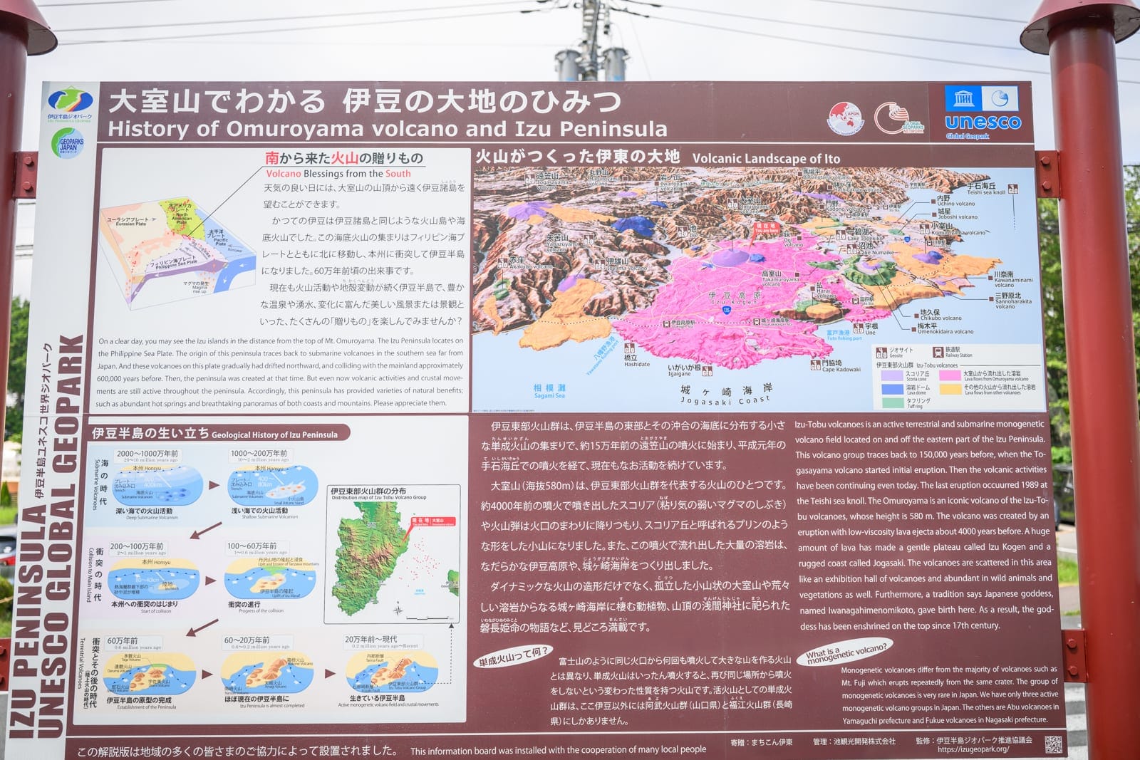 日本靜岡大室山纜車完整攻略|死火山口山頂遠眺富士山玩法解析 7 日本靜岡-大室山纜車|戶外,看板,地圖,解說牌,日文標示。棕色金屬支架支撐著大型看板,表面貼滿地質圖解、剖面圖與雙語文字說