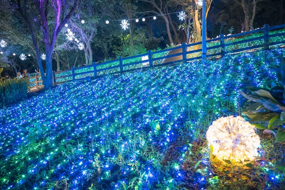 桃園大古山步道夏日繽紛派對完整攻略|夜間燈海步道玩法解析 9 桃園大古山步道夏日繽紛派對|夜間山坡草地,藍光串燈,木柵欄,雪花燈飾,球狀黃燈,樹林,暗色夜空,人工照明。