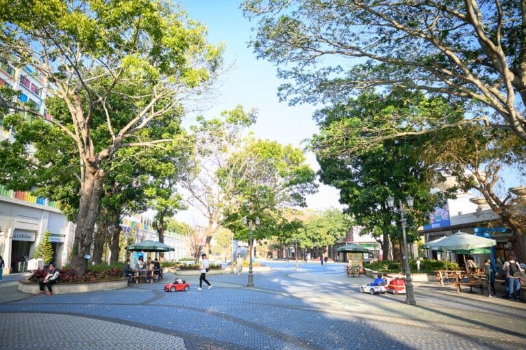 台中麗寶樂園熊大主題｜藍色磁磚戶外廣場，高大綠樹枝葉繁茂，行人散步，路燈，露天遮陽傘座位區，孩童玩具電動車，周圍建築物。