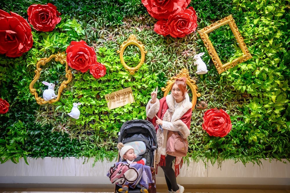 桃園威斯汀酒店 The Westin Tashee Resort 完整指南|親子設施與住宿體驗 9 桃園威斯汀酒店|室內、植生牆、玫瑰花、相框、兔子裝飾、嬰兒車、女性、嬰兒,一面鋪滿綠色植物與大型紅紙玫瑰的植生牆前,