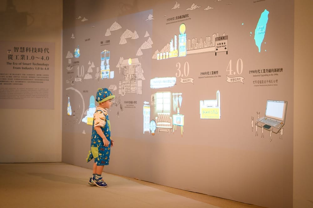 高雄國立科學工藝博物館完整攻略|親子展區與特展玩法解析 10 高雄國立科學工藝博物館|室內,展覽牆,小孩,投影,圖表,燈光。 一名戴著藍色帽子的小孩站在一面巨大的投影牆前,牆面上投射著關