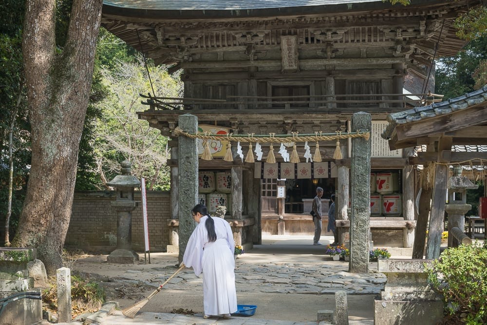 日本福岡-櫻井神社｜神社、巫女、石疊道、木造建築、燈籠、樹木，長髮巫女身穿白衣紅袴，手持竹掃帚打掃石子路面，古老木造山門