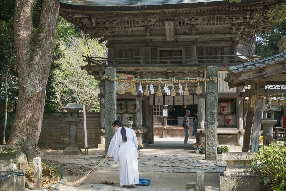 日本福岡-櫻井神社完整攻略|森林參道與御朱印造訪指南 9 日本福岡-櫻井神社|神社、巫女、石疊道、木造建築、燈籠、樹木,長髮巫女身穿白衣紅袴,手持竹掃帚打掃石子路面,古老木造山門