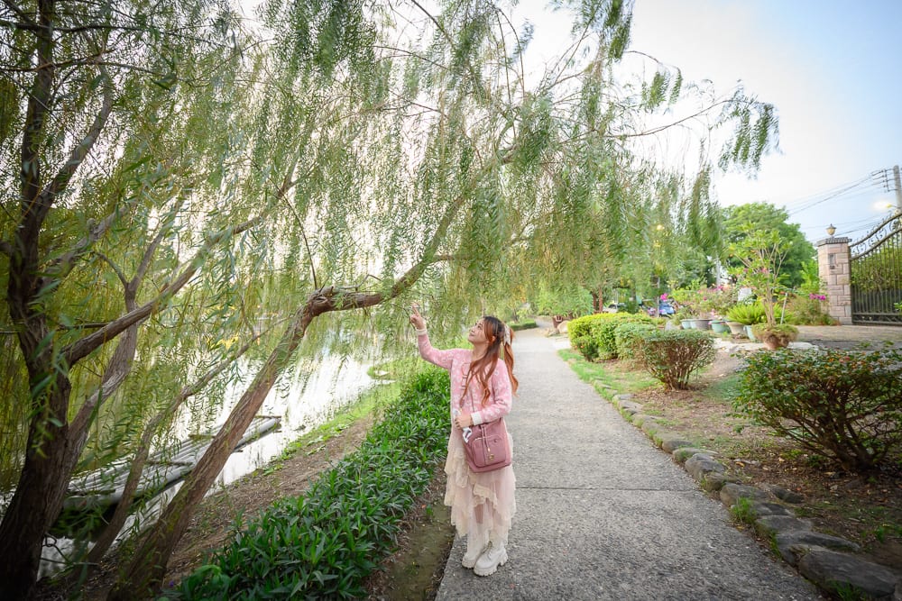 台南月之美術館｜女子、步道、垂柳、湖泊、樹木，身穿粉紅上衣與淺色長裙的女子站在戶外石板步道上，抬手觸碰頭頂垂下的枝葉