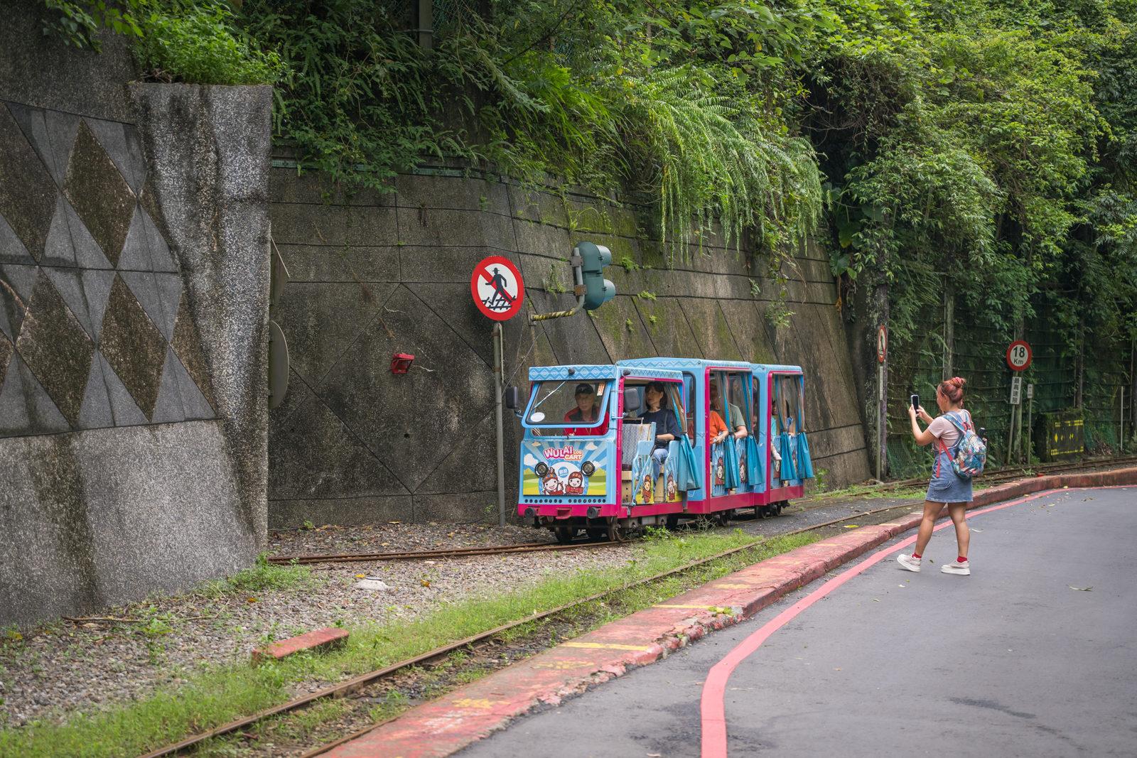 新北烏來瀑布|觀瀑平台、月亮鞦韆拍照點與林業生活館窗景 6 新北烏來台車 沿著山壁與車道行駛的車廂