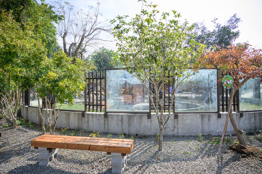 南投鹿芝谷生態景觀園區完整指南|餵羊、水豚與親子玩法 10 南投鹿芝谷|戶外園區,長椅,碎石地,樹木,玻璃圍欄,水泥矮牆。鋪滿碎石的地面放著一座木製長椅,後方有水泥矮牆與玻璃圍欄阻隔視線,圍欄內外植有多株綠樹。