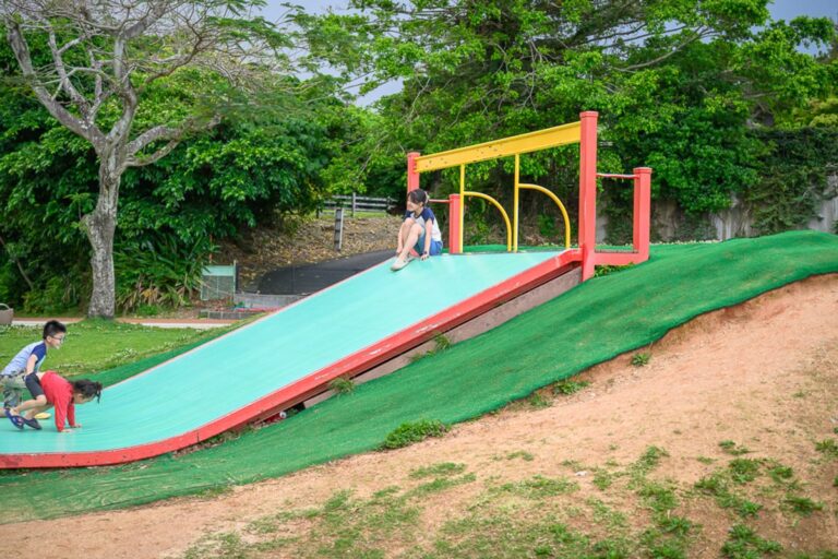 日本沖繩縣營奧武山公園完整指南|溜滑梯與草坡親子玩法 3 日本沖繩奧武山公園|綠色草坡,藍色溜滑梯,孩童,紅黃色欄杆,大樹,戶外遊樂場。斜坡草地延伸至邊緣,穿著休閒服飾的小孩在滑