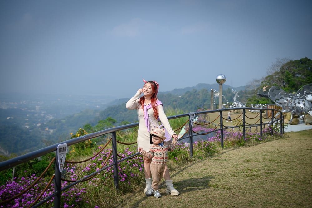 南投鹿芝谷生態景觀園區完整指南|餵羊、水豚與親子玩法 12 南投鹿芝谷|草地、欄桿、山景、女子、小孩,戶外觀景平台邊,一名女子牽著戴帽小孩站立,遠處層疊山巒與藍天白雲。