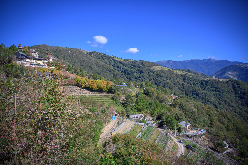 南投蒙塔妮甜點｜山坡梯田、農耕設施、歐式建築、遠方連綿山脈。