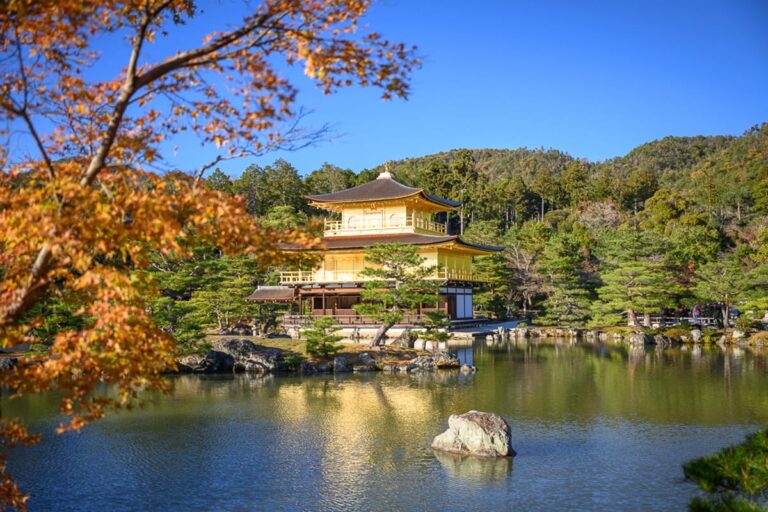 日本京都金閣寺金閣寺｜金閣寺、池、楓葉、松樹、藍天、山脈，金色寺廟建築座落於水池岸邊，前景有枯黃楓葉枝條框景，水面映出建築倒影，遠方為綠色山丘與晴朗藍天。