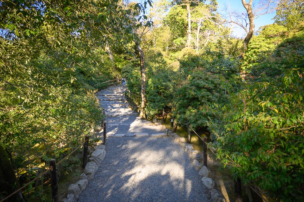 日本京都金閣寺完整指南|池畔倒影與庭園步道 4 日本京都金閣寺|碎石步道,石階,樹木,森林,護欄,藍天。林間步道向上延伸,兩側鋪設碎石與石塊護邊,路旁立有木樁與細繩護欄,周圍密布茂盛的綠葉灌木與高大樹木,上方露出局部藍天。