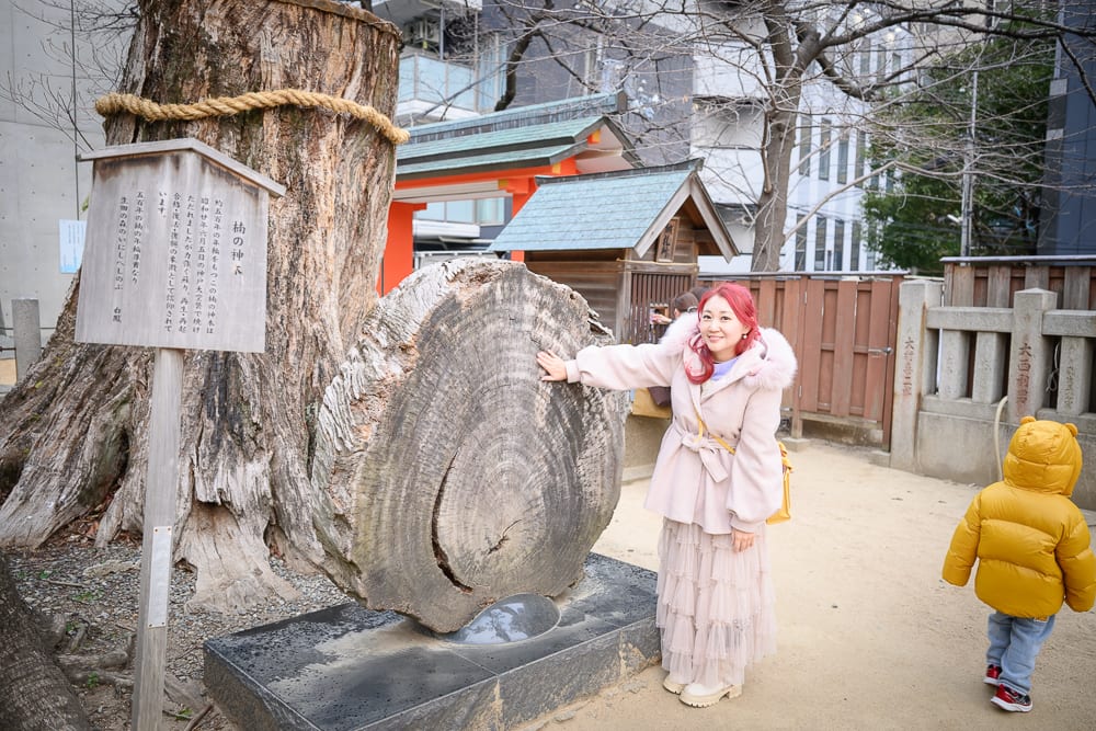 日本神戶-生田神社｜神社、巨木切片、說明牌、紅色鳥居、粉紅大衣女性、黃羽絨衣孩童。女性站立並碰觸木頭切片，右側孩童背對鏡頭，背景有木造矮房與灰階建築。