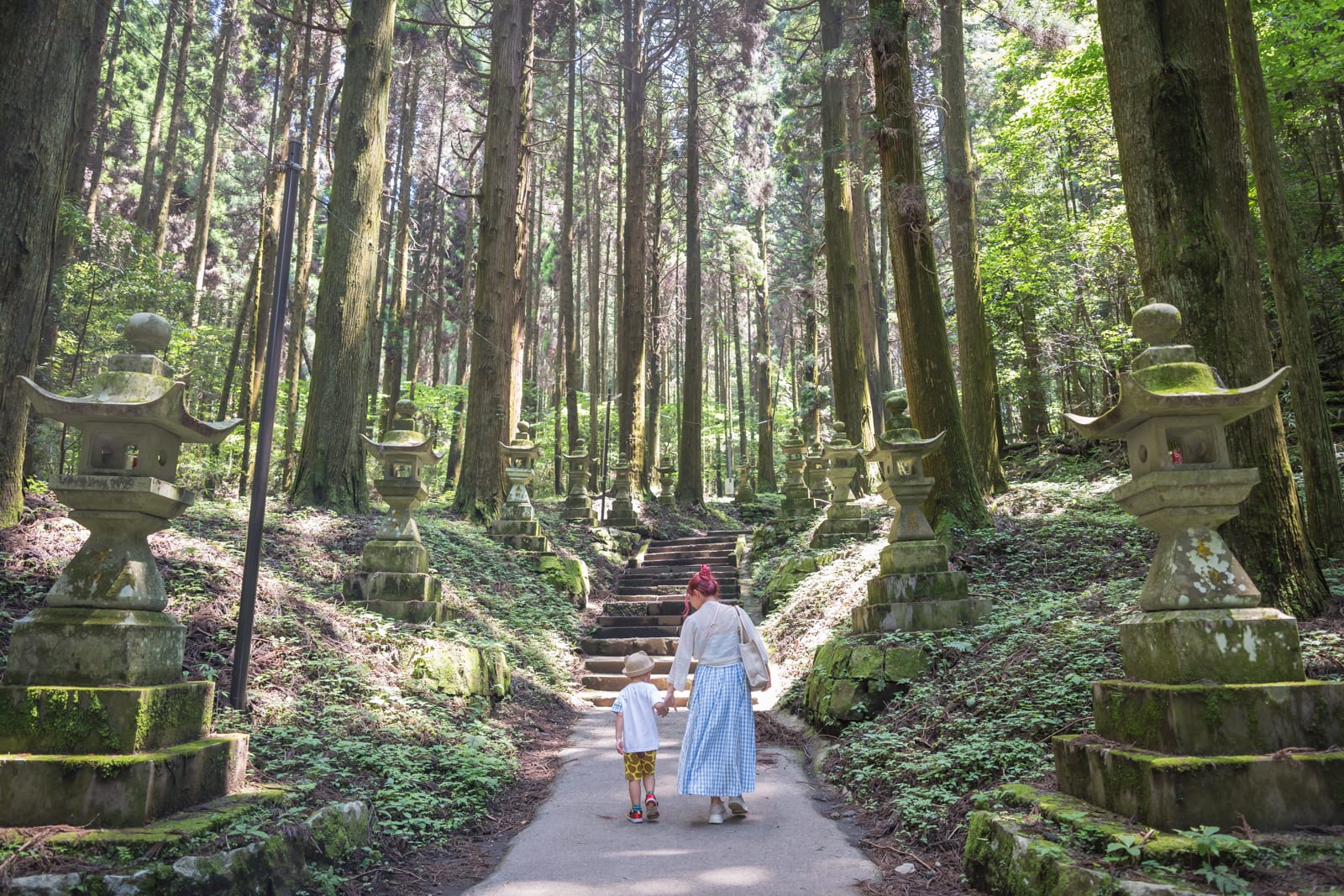 日本熊本-上色見熊野座神社｜石燈籠、石階、高聳樹木、母子、山林小徑。成排青苔覆蓋的石燈籠排列在步道兩側，高大林木直立於陡峭坡地，一位成人與一名小孩牽手背對鏡頭，沿著階梯向上行走。