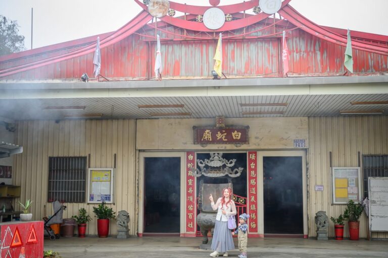 桃園白蛇廟｜廟宇、鐵皮屋、香爐、柱子、對聯、旗幟、盆栽、人物。紅灰色屋頂搭配米黃色牆面，正門上方懸掛白蛇廟橫匾與多色布旗。廟口石獅對稱擺放，香爐冒出陣陣白煙，一名長髮女子與幼童站在門口前方。