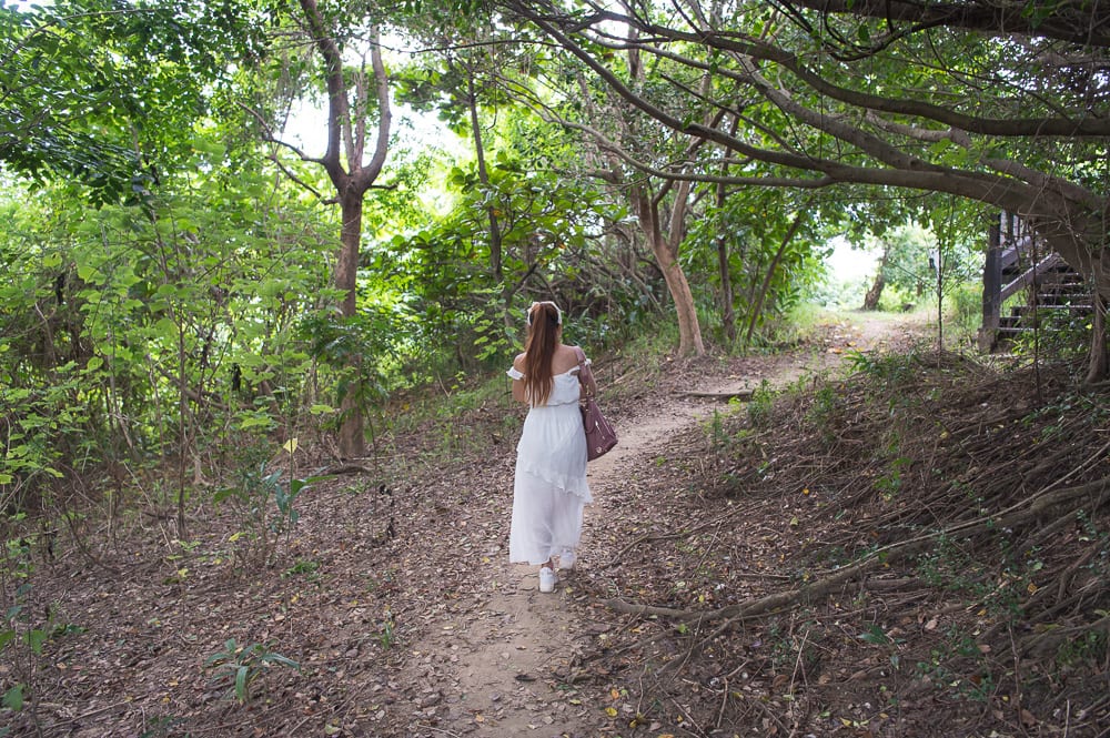 高雄漯底山步道｜長髮女子，白洋裝，背包，泥土小徑，樹林，枯枝落葉，綠葉樹冠，右側木棧階梯，林間小路。