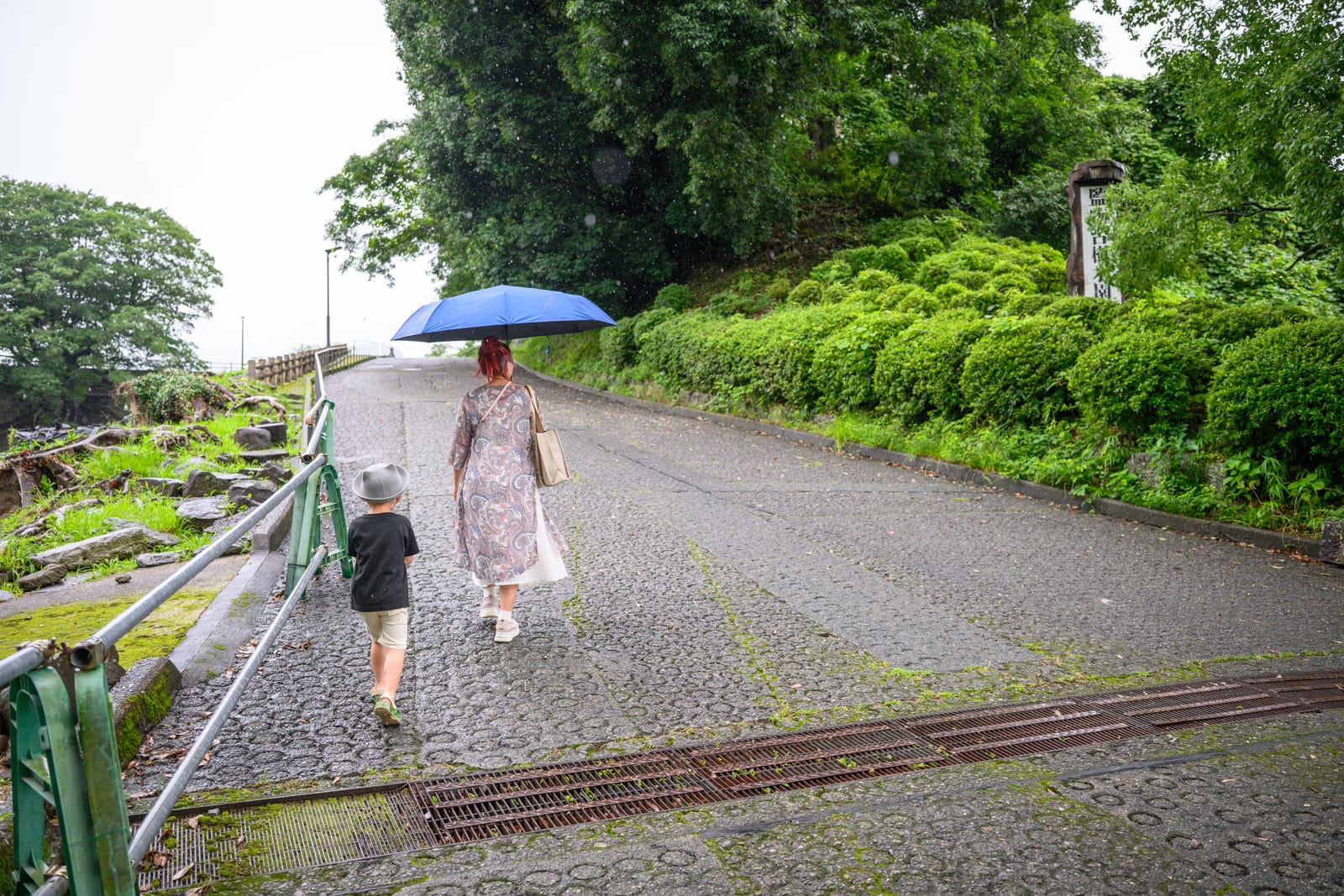 日本熊本-加藤神社｜成人女性、孩童、撐傘、斜坡、石板路、金屬欄杆、綠樹、灌木叢、陰天。一大一小撐著藍色傘走在灰色的上坡路上，路旁有綠色植被與金屬扶手。