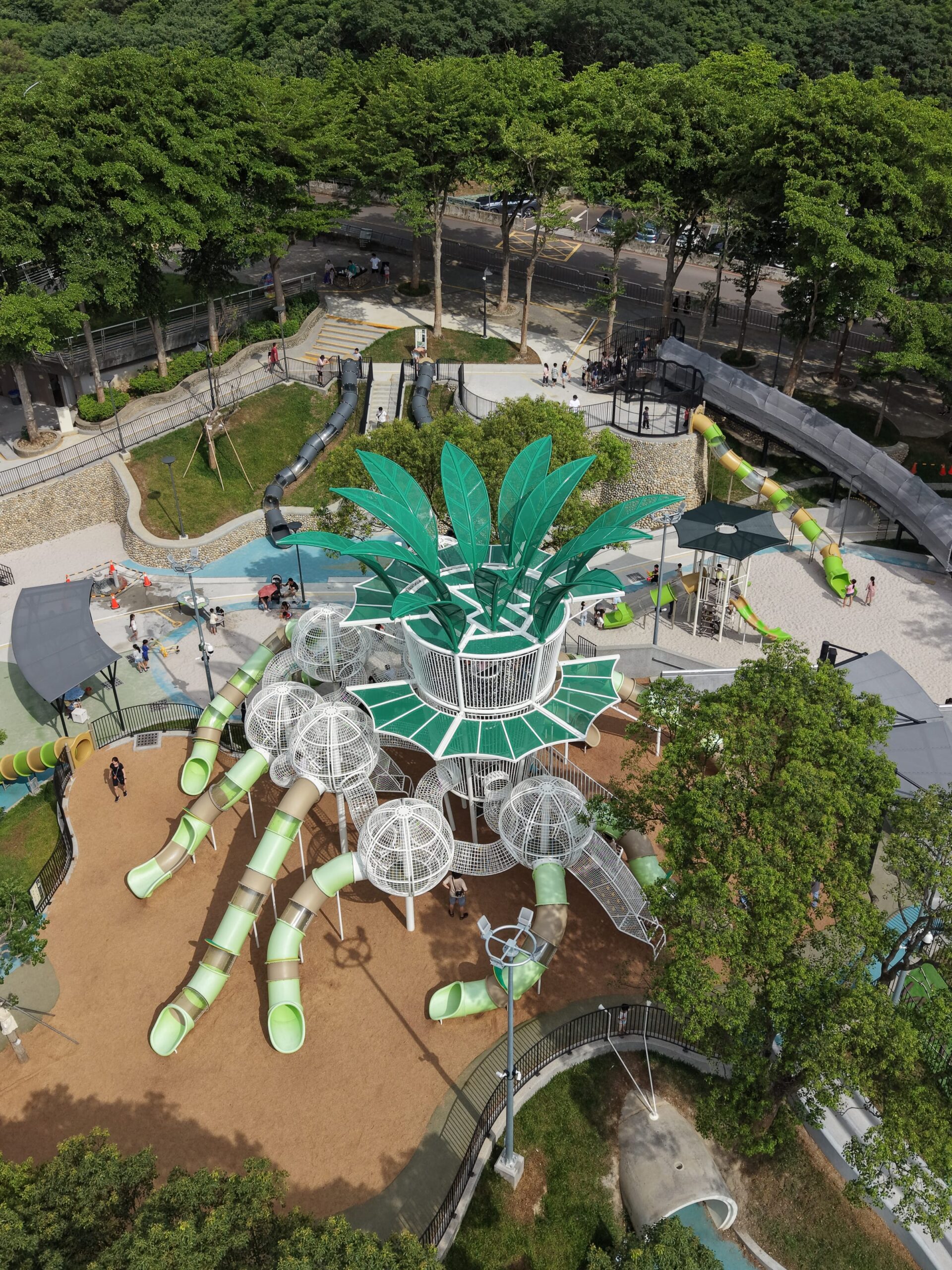 台中清水鰲峰山公園 谷溜遊戲場大樹遊戲塔延伸出的多條滑道